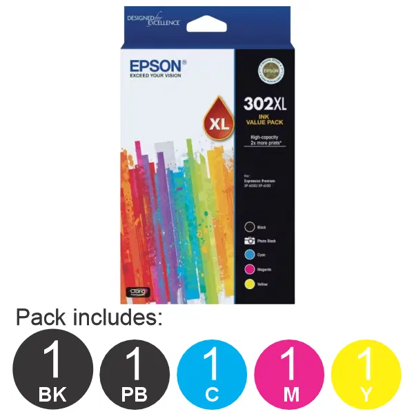 Epson 302XL 5 High Yield Ink Cartridge Value Pack (1BK,1PBK,1C,1M,1Y) C13T01Y792