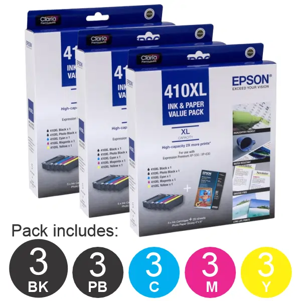 3 x Epson 410XL 5 High Yield Ink Cartridge Value Pack (3BK,3PBK,3C,3M,3Y) C13T339796