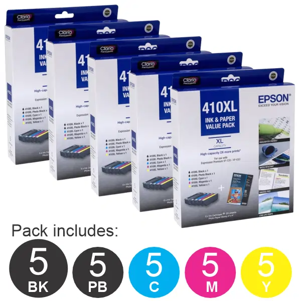 5 x Epson 410XL 5 High Yield Ink Cartridge Value Pack (5BK,5PBK,5C,5M,5Y) C13T339796