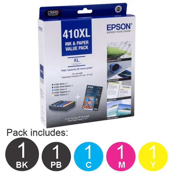 Epson 410XL 5 High Yield Ink Cartridge Value Pack (1BK,1PBK,1C,1M,1Y) C13T339796