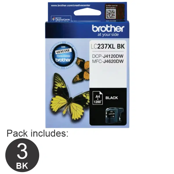 3 x Brother LC237XLBK High Yield Black Ink Cartridge LC-237XLBKS