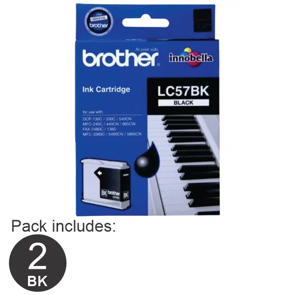 2 x Brother LC57BK Black Ink Cartridge LC-57BK