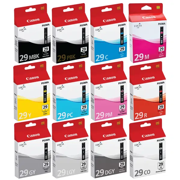 12 Pack – PGI29 (1C,1CO,1DGY,1GY,1LGY,1M,1MBK,1PBK,1PC,1PM,1R,1Y) Ink Cartridges