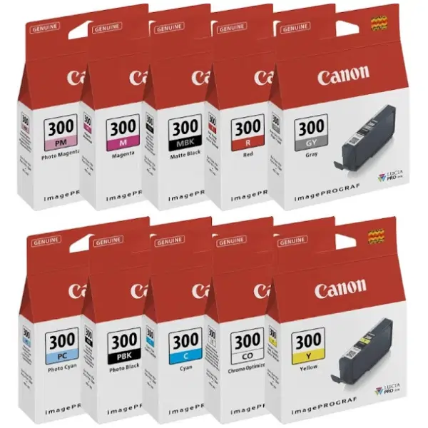 10 Pack – PFI300 (1C,1CO,1GY,1M,1MBK,1PBK,1PC,1PM,1R,1Y) Ink Cartridges