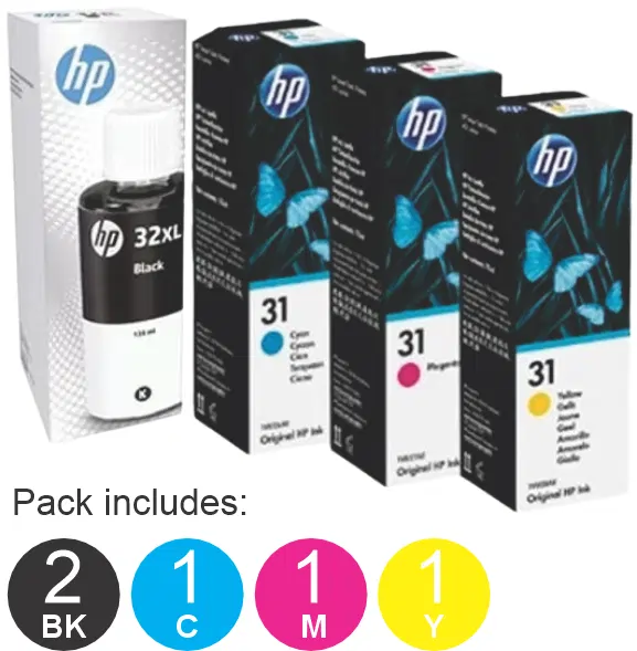 5 Pack – HP #32XL & #31 (2BK,1C,1M,1Y) Ink Bottles