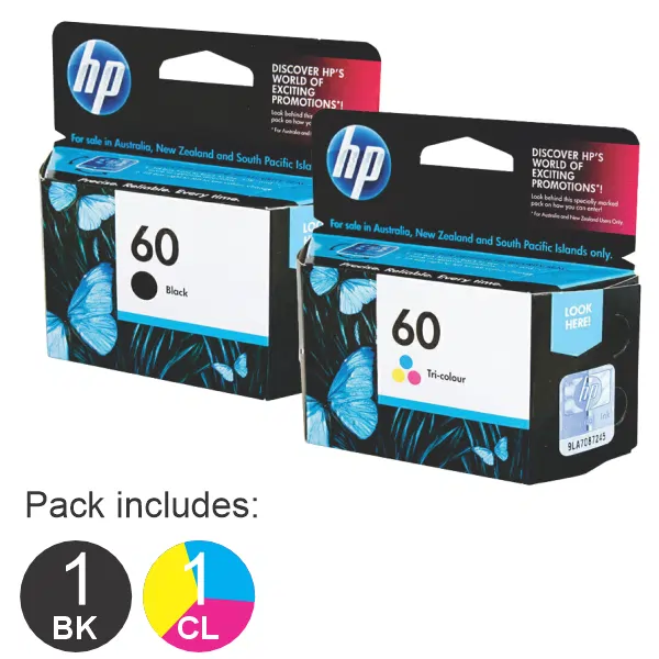 2 Pack – HP #60 Black & HP #60 Tri Colour (1BK,1CL) Ink Cartridges