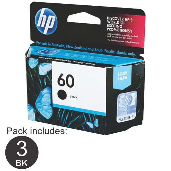 3 x HP #60 Black Ink Cartridge CC640WA