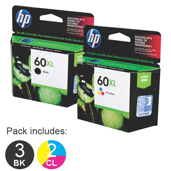 5 Pack – HP #60XL Black & #60XL Tri Colour (3BK,2CL) High Yield Ink Cartridges