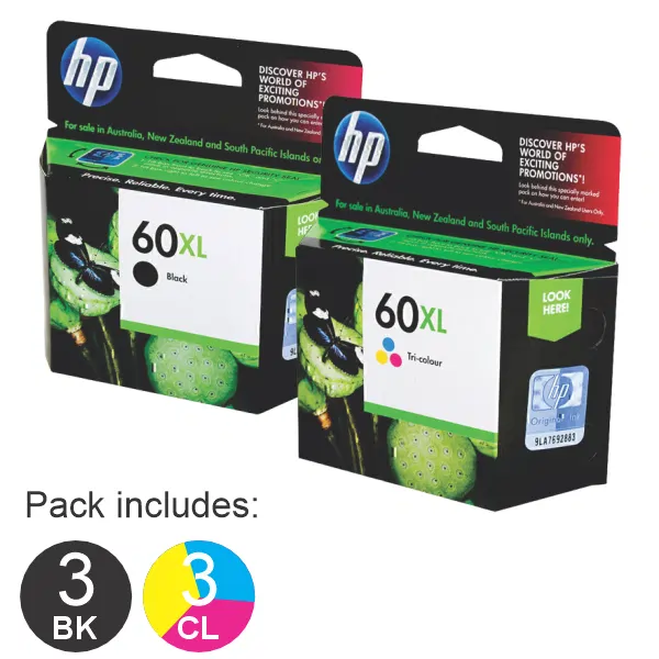 6 Pack – HP #60XL Black & #60XL Tri Colour (3BK,3CL) High Yield Ink Cartridges