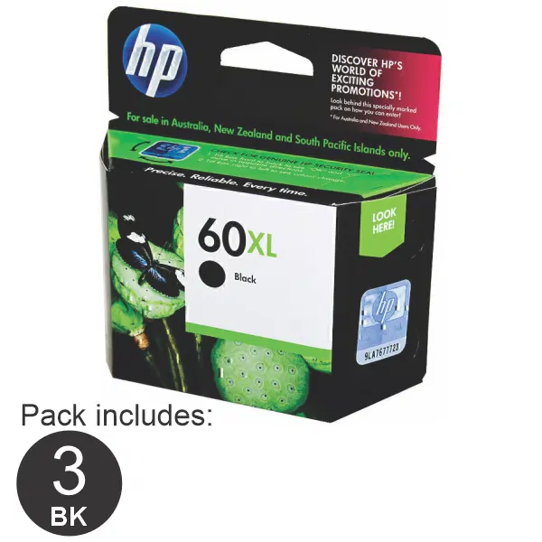 3 x HP #60XL High Yield Black Ink Cartridge CC641WA