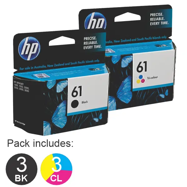 6 Pack – HP #61 Black & #61 Tri Colour (3BK,3CL) Ink Cartridges
