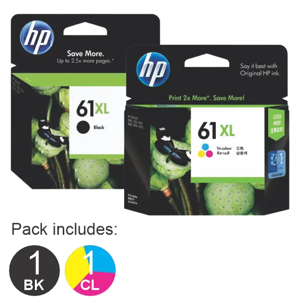2 Pack – HP #61XL Black & #61XL Tri Colour (1BK,1CL) High Yield Ink Cartridges