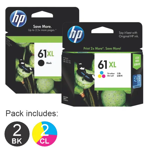 4 Pack – HP #61XL Black & #61XL Tri Colour (2BK,2CL) High Yield Ink Cartridges