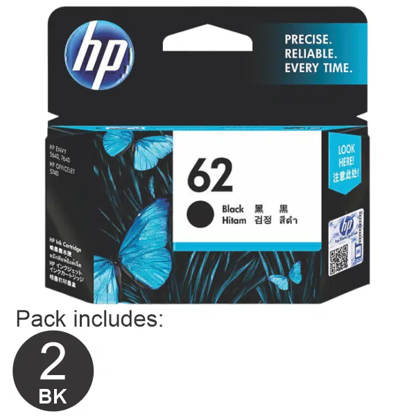 2 x HP #62 Black Ink Cartridge C2P04AA