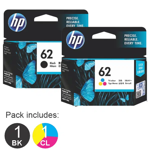 2 Pack – HP #62 Black & #62 Tri Colour (1BK,1CL) Ink Cartridges