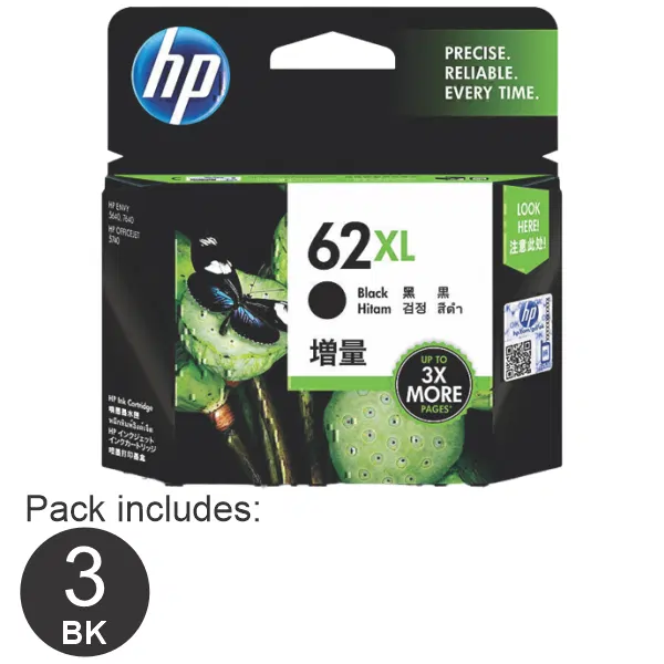 3 x HP #62XL Black High Yield Ink Cartridge C2P05AA