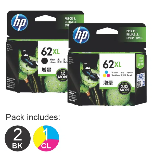 3 Pack – HP #62XL Black & #62XL Tri Colour (2BK,1CL) High Yield Ink Cartridges