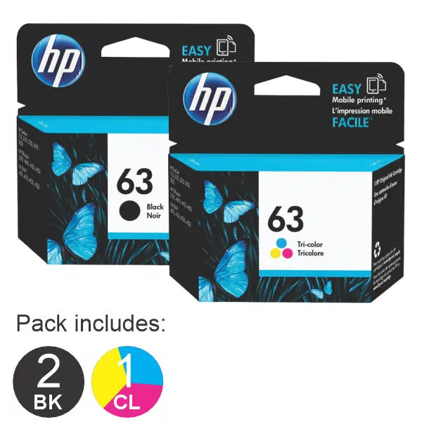 3 Pack – HP #63 Black & #63 Tri Colour (2BK,1CL) Ink Cartridges