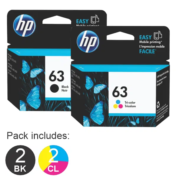 4 Pack – HP #63 Black & #63 Tri Colour (2BK,2CL) Ink Cartridges