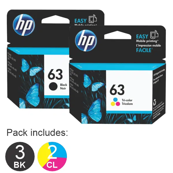 5 Pack – HP #63B Black & #63 Tri Colour (3BK,2CL) Ink Cartridges