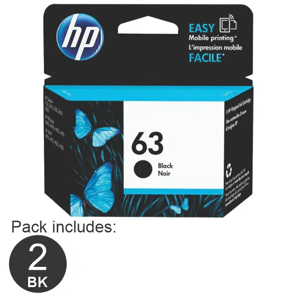 2 x HP #63 Black Ink Cartridge F6U62AA