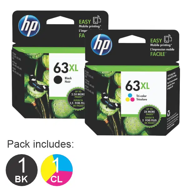 2 Pack - HP #63XL Black & #63XL Tri Colour (1BK,1CL) High Yield Ink Cartridges