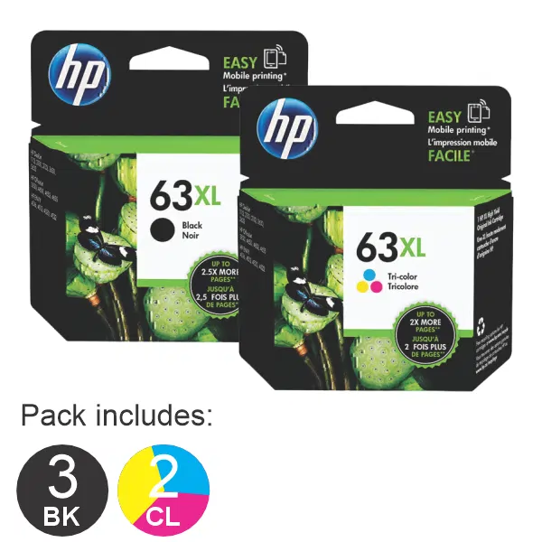 5 Pack – HP #63XL Black & #63XL Tri Colour (3BK,2CL) High Yield Ink Cartridges