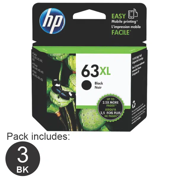 3 x HP #63XL High Yield Black Ink Cartridge F6U64AA