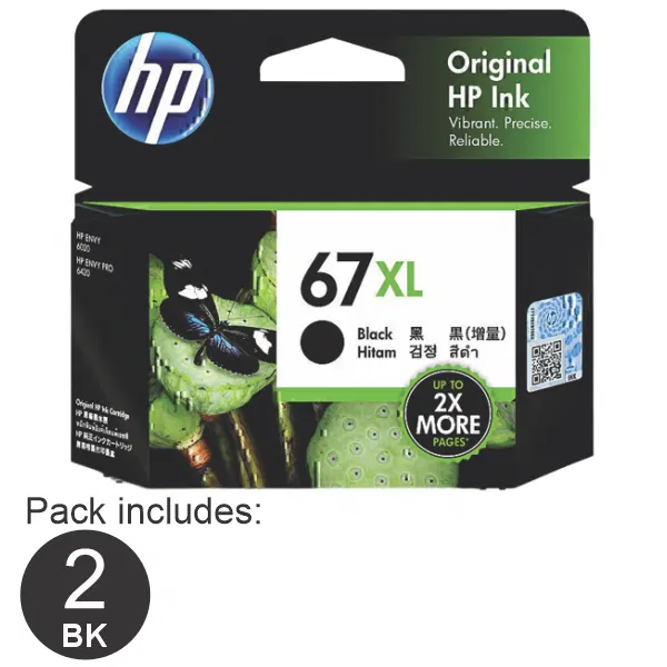 2 x HP #67XL High Yield Black Ink Cartridge 3YM57AA