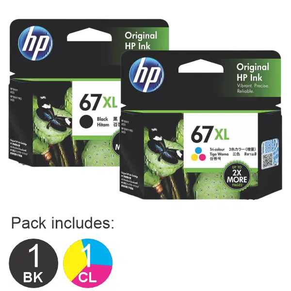 2 Pack – HP #67XL Black & #67XL Tri Colour (1BK,1CL) High Yield Ink Cartridges