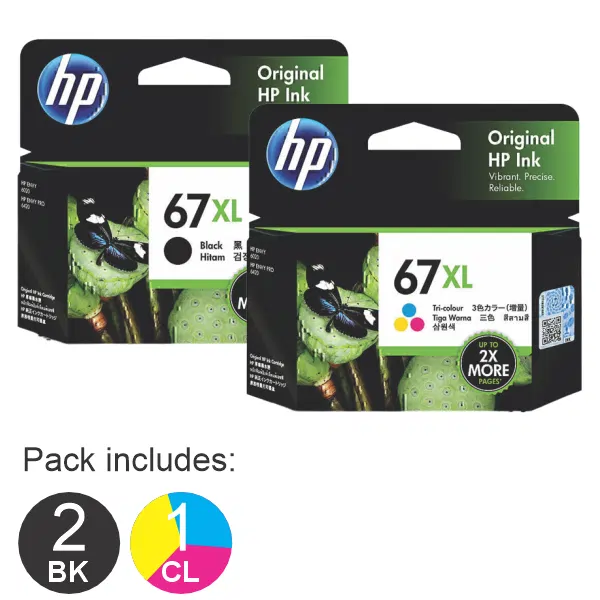 3 Pack – HP #67XL Black & #67XL Tri Colour (2BK,1CL) High Yield Ink Cartridges