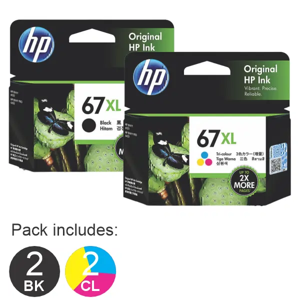 4 Pack – HP #67XL Black & #67XL Tri Colour (2BK,2CL) High Yield Ink Cartridges