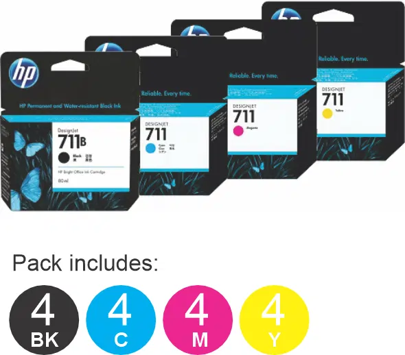 16 Pack – HP #711 (4BK,4C,4M,4Y) Ink Cartridges