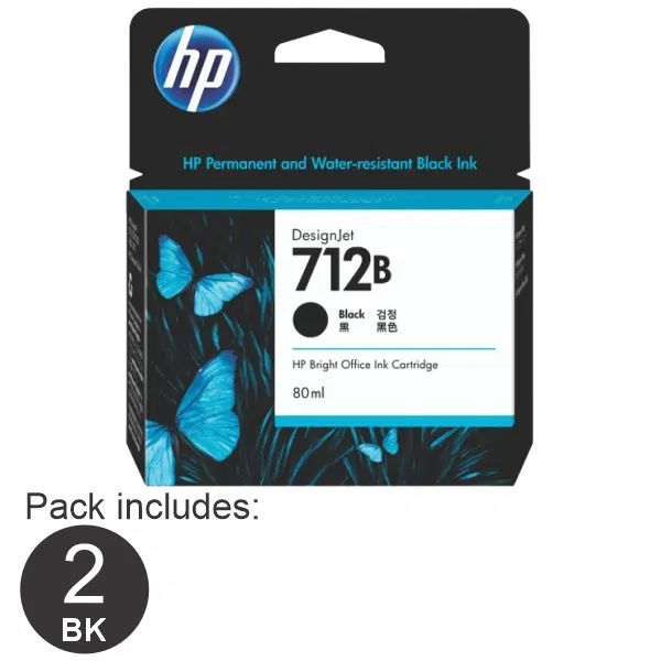 2 x HP #712B 80ml Black Ink Cartridge 3ED29A