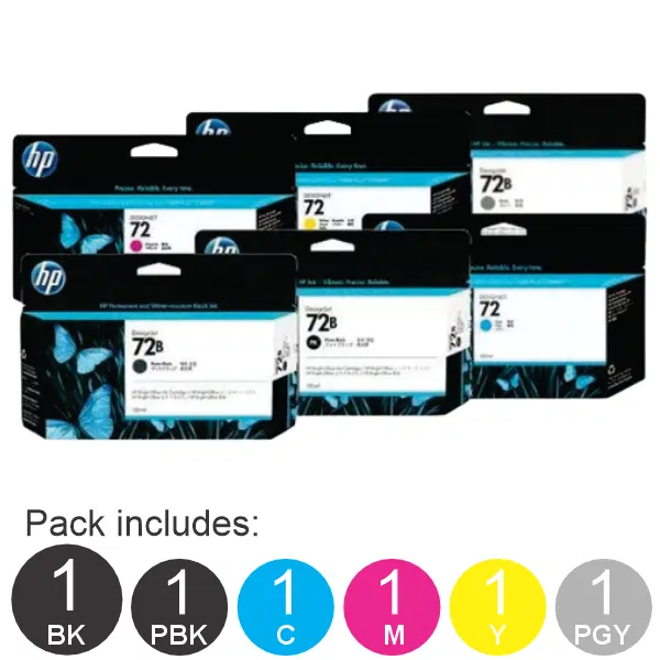6 Pack – HP #72 (1MBK,1PBK,1C,1M,1Y,1PGY)