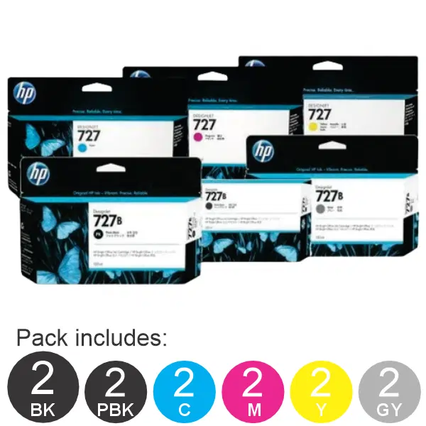 12 Pack – HP #727 (2MBK,2PBK,2C,2M,2Y,2GY)