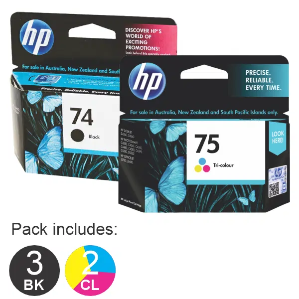5 Pack – HP #74 Black & #75 Tri Colour (3BK,2CL) Ink Cartridges