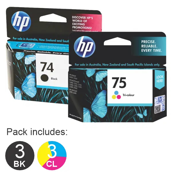 6 Pack – HP #74 Black & #75 Tri Colour (3BK,3CL) Ink Cartridges