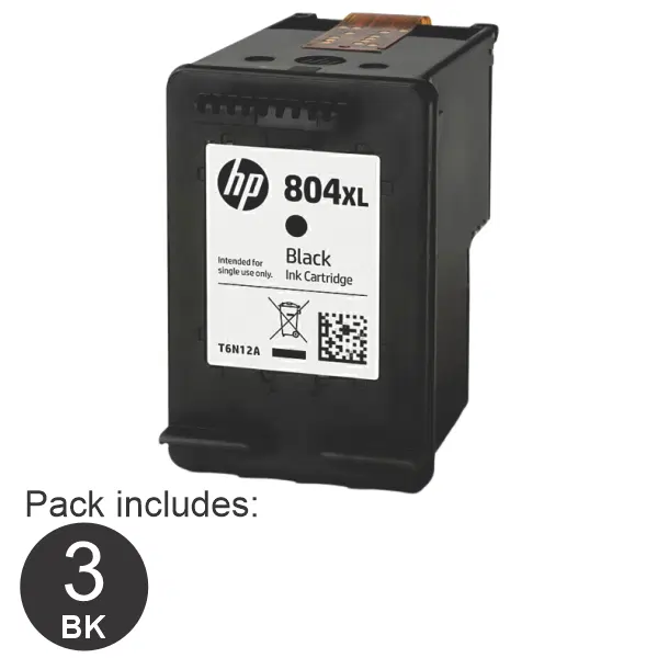 3 x HP #804XL High Yield Black Ink Cartridge T6N12AA