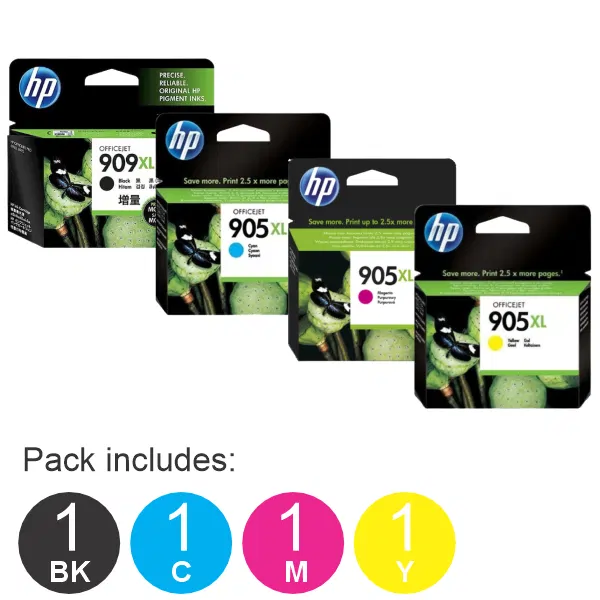 4 Pack – HP #909XL & 905XL C/M/Y (1BK,1C,1M,1Y) High Yield Ink Cartridges