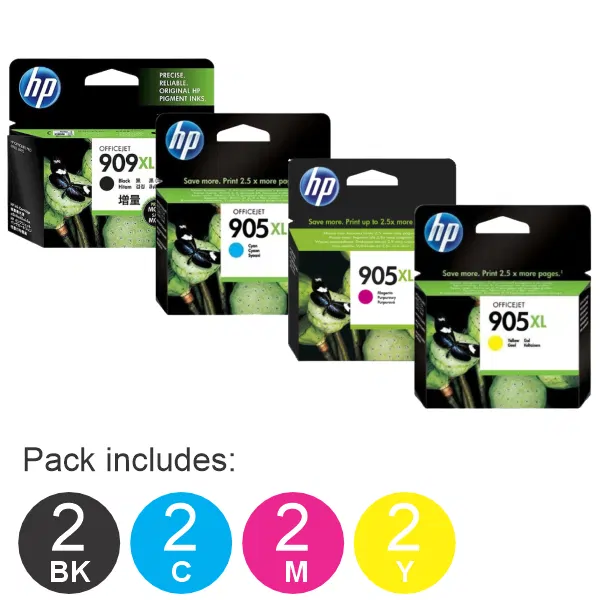 8 Pack – HP #909XL & 905XL C/M/Y (2BK,2C,2M,2Y) High Yield Ink Cartridges