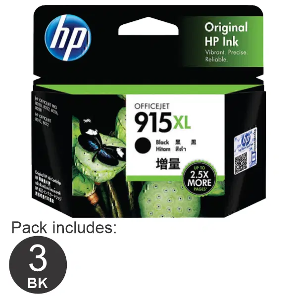 3 x HP #915XL High Yield Black Ink Cartridge 3YM22AA
