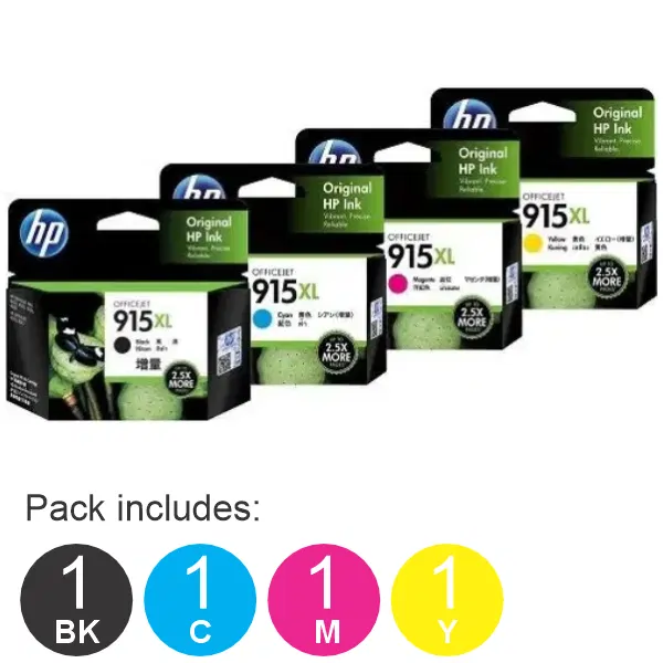 4 Pack – HP #915XL (1BK,1C,1M,1Y) High Yield Ink Cartridges