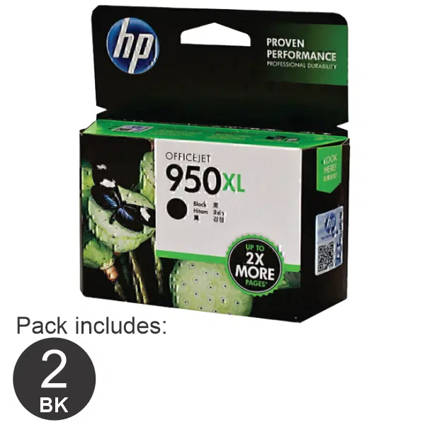 2 x HP #950XL High Yield Black Ink Cartridge CN045AA