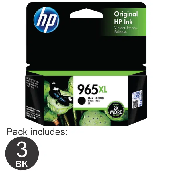 3 x HP #965XL High Yield Black Ink Cartridge 3JA84AA