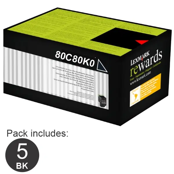 5 x Lexmark 80C8HKE High Yield Black Toner Cartridge 80C8HKE