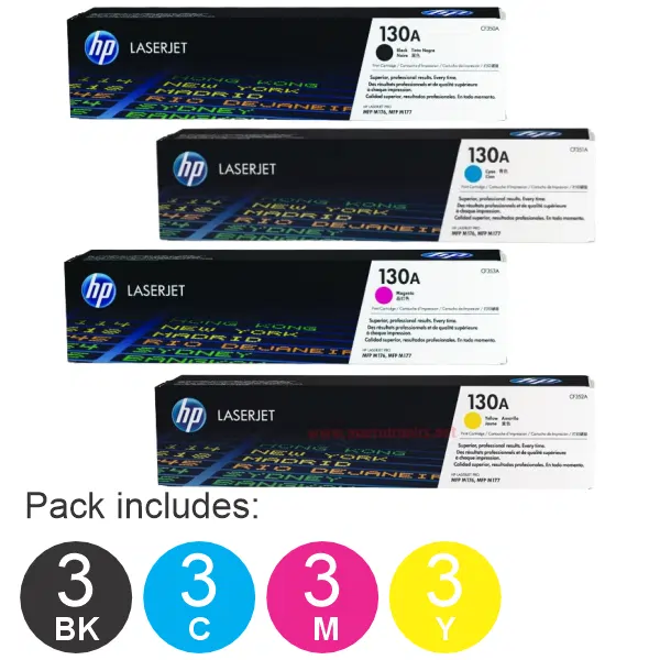 12 Pack HP #130A (1BK,1C,1M,1Y) Toner Cartridge