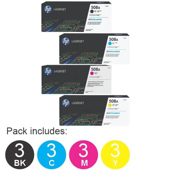 12 Pack HP #508A (1BK,1C,1M,1Y) Toner Cartridge