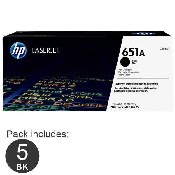 5 x HP #651A Black Toner Cartridge CE340A