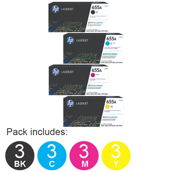 12 Pack HP #655A (1BK,1C,1M,1Y) Toner Cartridge